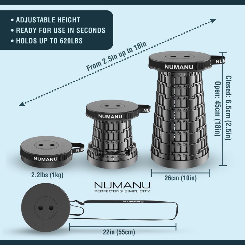 NUMANU 2025 مقعد قابل للطي مطور بحد أقصى 620 رطل ارتفاع قابل للتعديل مقعد تلسكوبي قابل للطي مقعد سفر قابل للطي مقعد تخييم قابل للطي أو مسند للقدمين للتخييم وفي الهواء الطلق 18 بوصة ارتفاع - Image 4